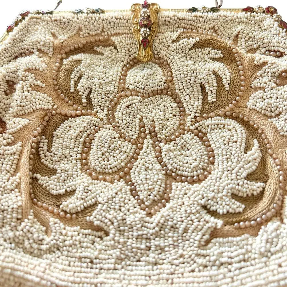 Vintage 1940s 1950s Beaded Evening Purse Gold Frame Chain Floral Bridal Bag
